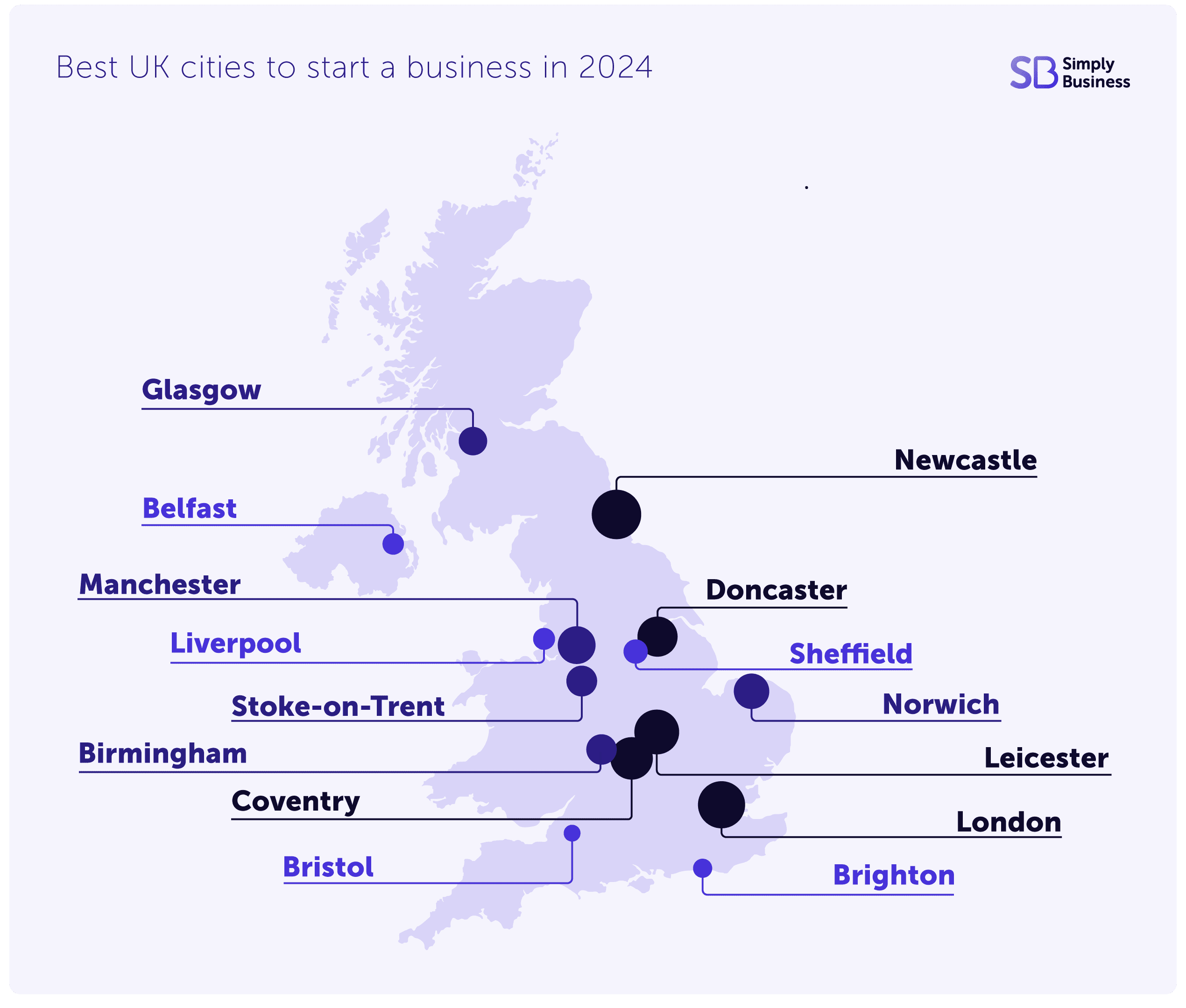 Map showing top 15 UK cities to start a business