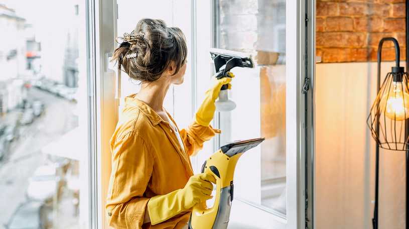 Domestic cleaner cleaning windows