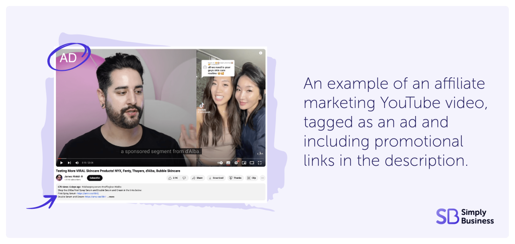Example of affiliate marketing on a YouTube video