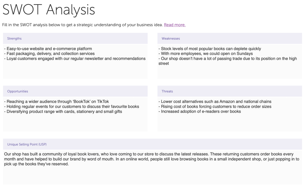 An example of a SWOT analysis from the business plan of an independent book shop