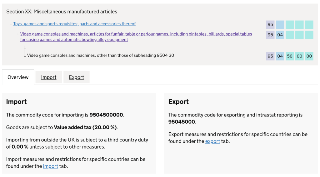 Commodity code results