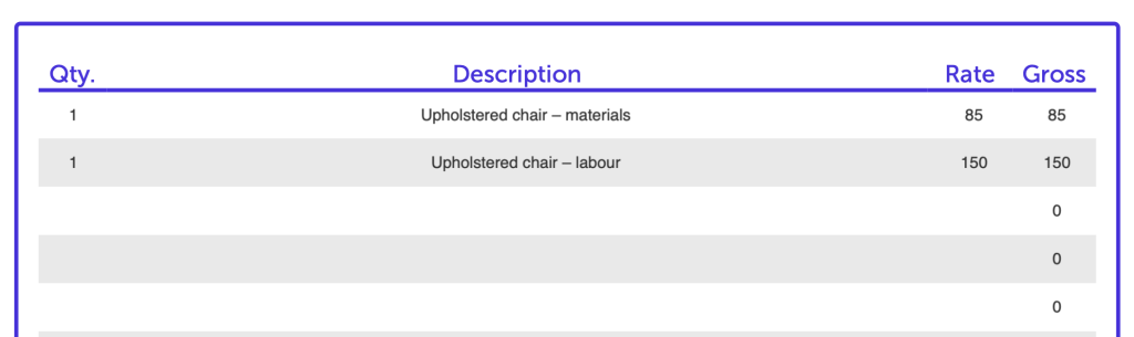 Invoice example showing description of services