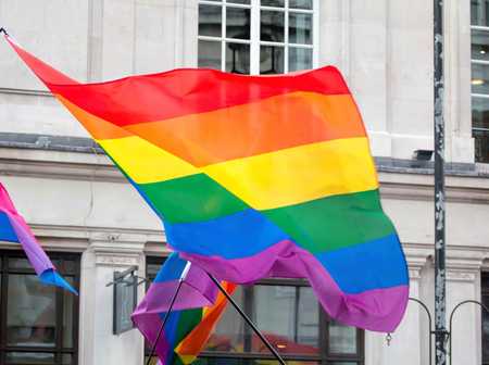 The rainbow flag or LGBT pride flag being held in a march