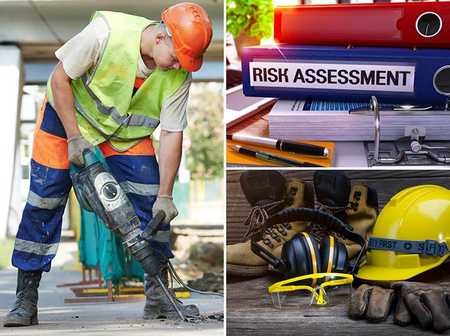 Collage of tradesperson digging up a path and a picture of a risk assessment folder
