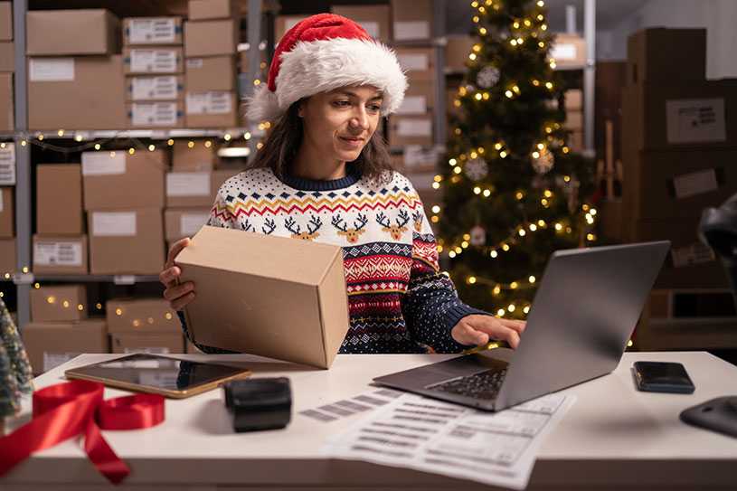 Business owner in a Santa hat working in stockroom of shop