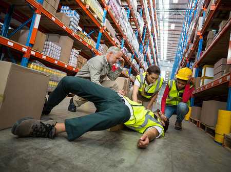 Three health and safety medic attend to person who has fallen in a warehouse