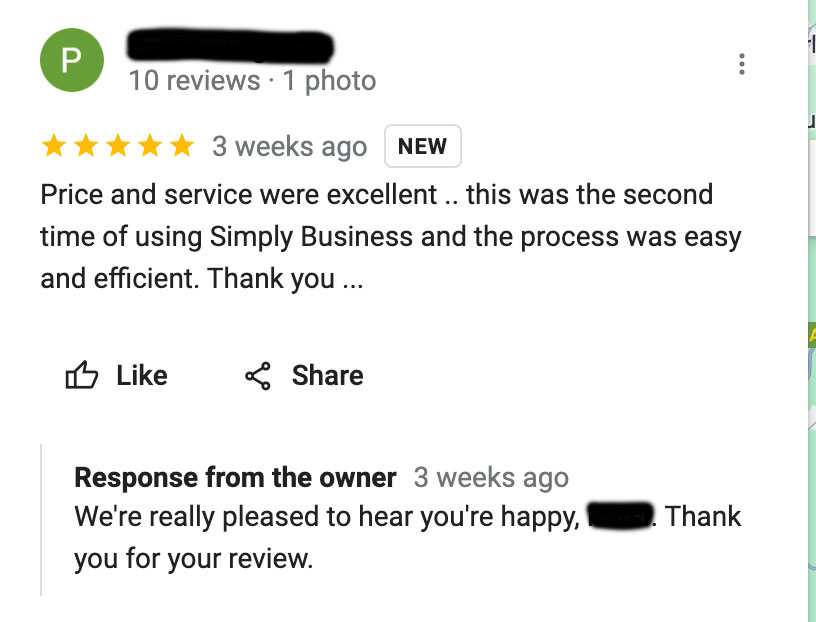Example Google review
