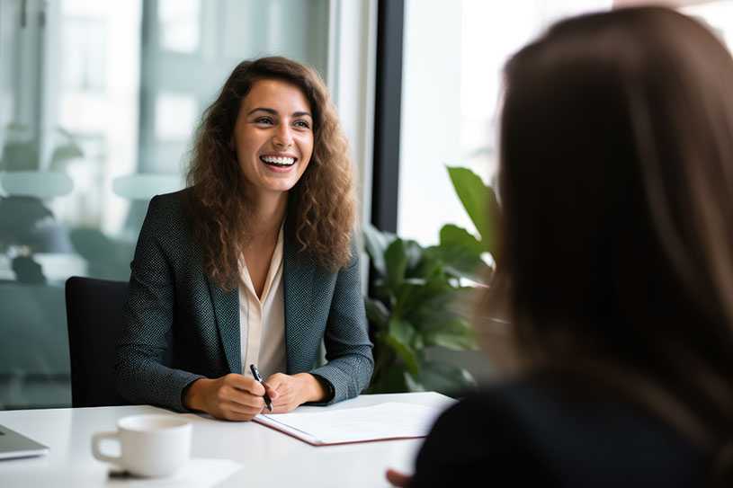 Two women in a business meeting, one is smiling at the other