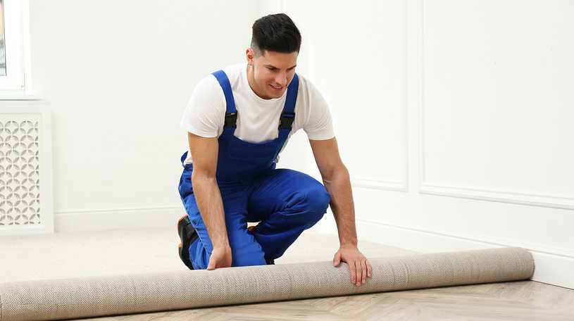 Carpet fitter rolling out and installing a new cream carpet in a living room