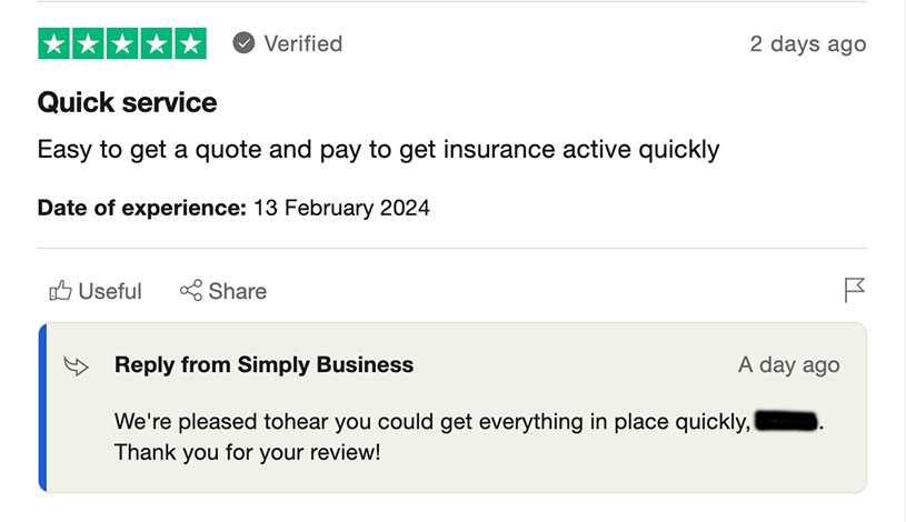Example review and response on Trustpilot