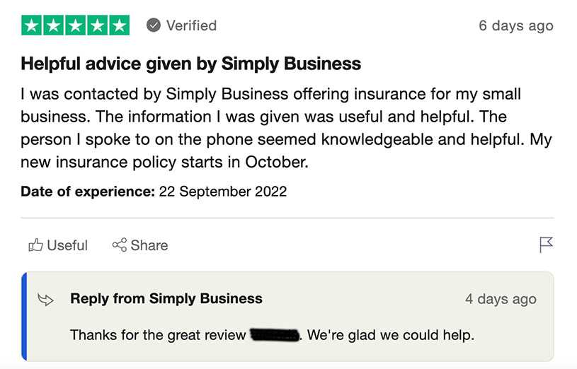 Example of a response to a Trustpilot review