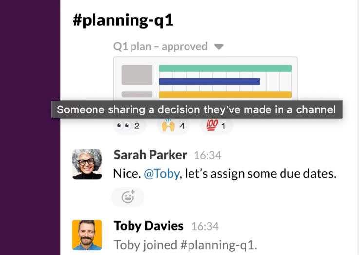 Visual of Slack being used for planning in a business