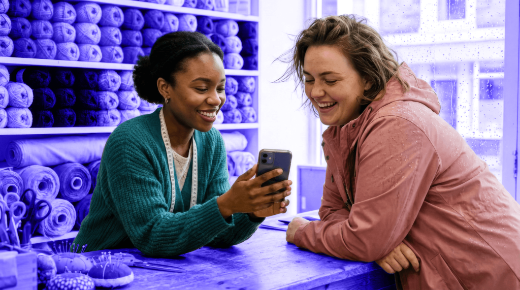 A small business owner shows a customer something on her phone
