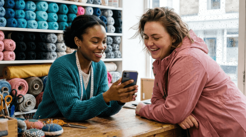 Two people in an independent craft shop