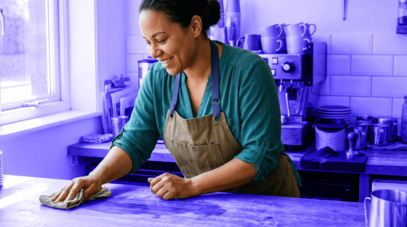 A cafe owner cleans her counter