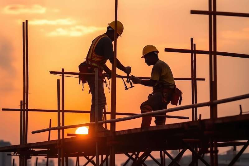Two tradespeople standing on scaffolding