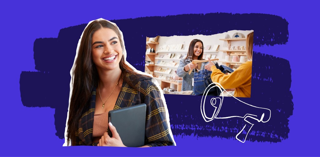 A smiling woman business owner with a laptop and another woman making a sale in a shop