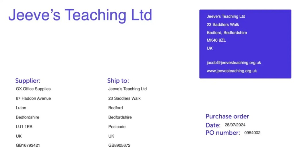 Example purchase order for a small business