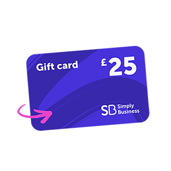 A blue gift card for £25 with the Simply Business logo