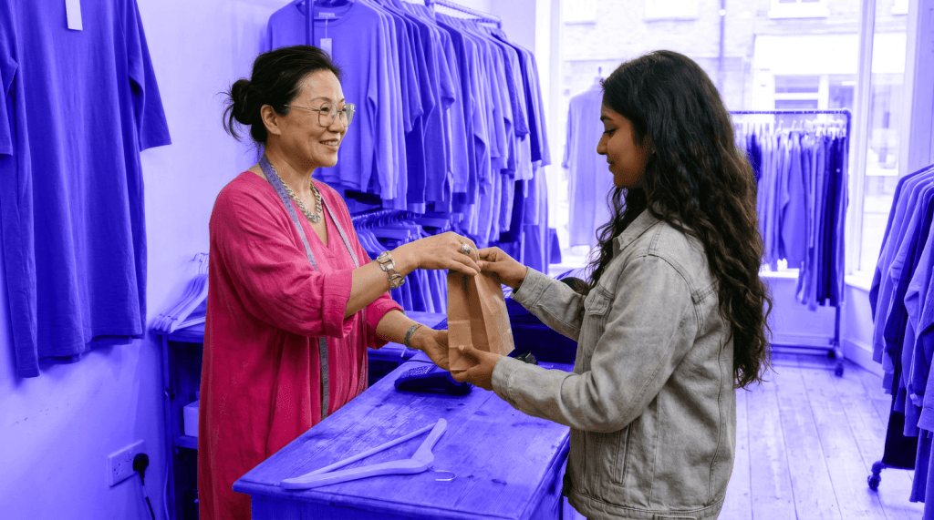 Two women in a shop, the employee hands a bag to the customer after a purchase