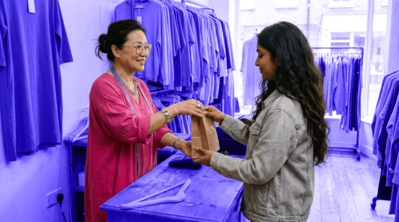 Two women in a shop, the employee hands a bag to the customer after a purchase