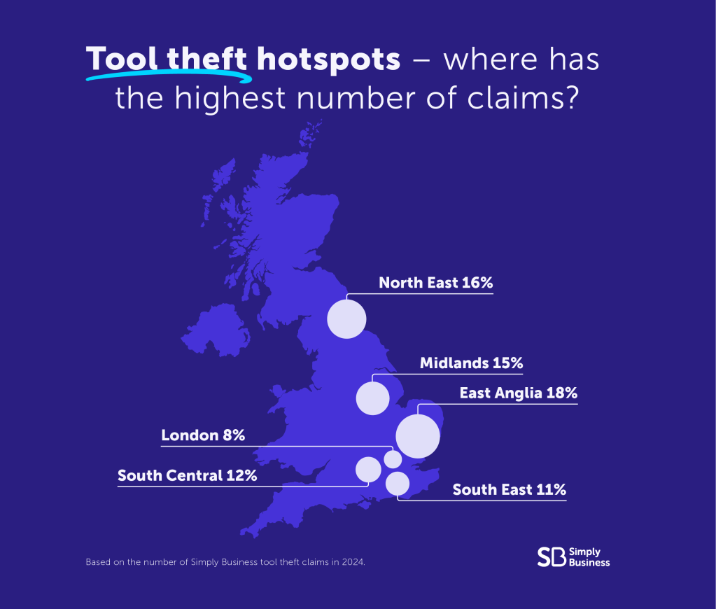 Simply Business data showing the UK locations with the highest amount of reported tool thefts