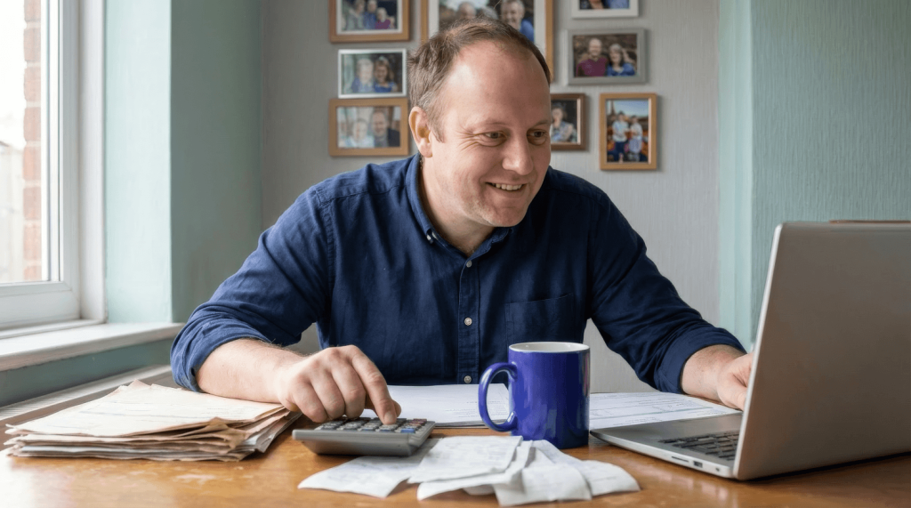 Self-employed man working at desk with computer and mug