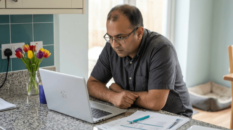 Landlord working out his taxes on laptop