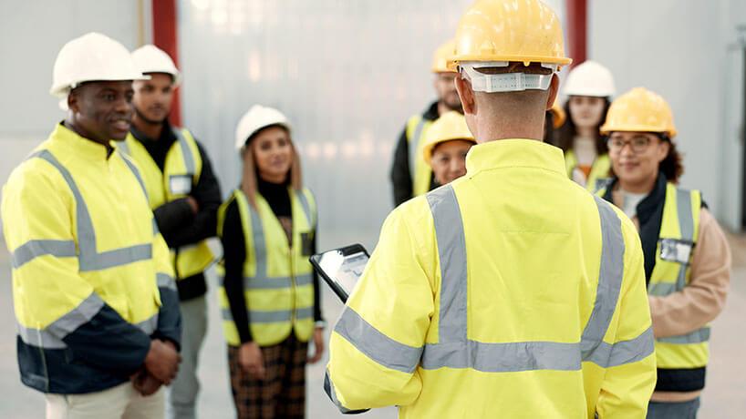 Construction, teamwork and people in meeting for planning, brainstorming and discussion in building. Architecture, engineering and men and women for inspection, training development and project